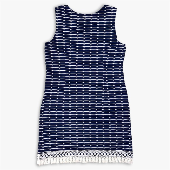 Sara Campbell Navy Stripe Shift Dress Tassel Fringe Hem Fully Lined Stretch M - Picture 3 of 13